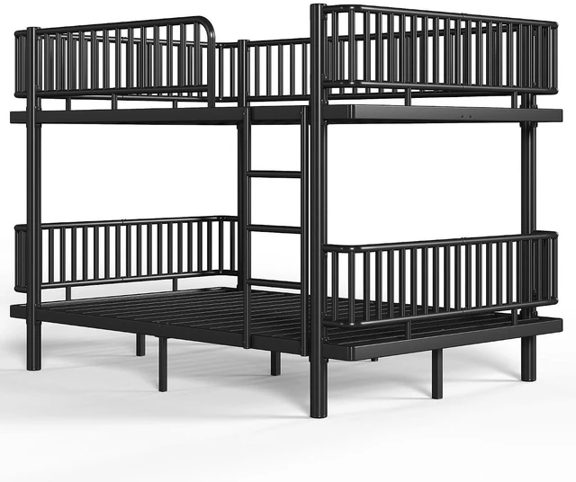 Alt view image 7 of 7 - Queen Over Queen Bunk Bed with Round-Pipe Design, Heavy Duty Metal Bunk Bed with Guardrails, Convertible Into 2 Individual Beds for Kids, Teens, Adults, Under-Bed Storage Space, Black