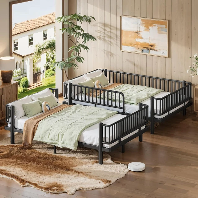 Alt view image 4 of 7 - Queen Over Queen Bunk Bed with Round-Pipe Design, Heavy Duty Metal Bunk Bed with Guardrails, Convertible Into 2 Individual Beds for Kids, Teens, Adults, Under-Bed Storage Space, Black