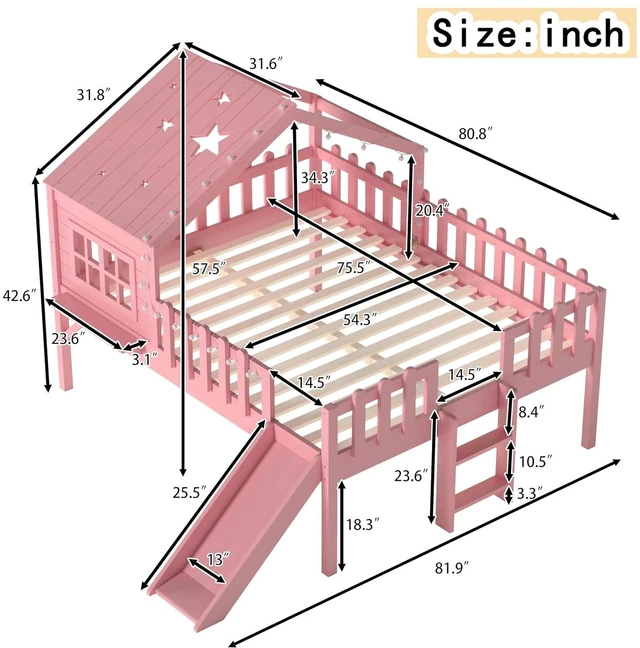 Alt view image 2 of 7 - Full Low House Loft Bed with Led Light and Slide, Pink