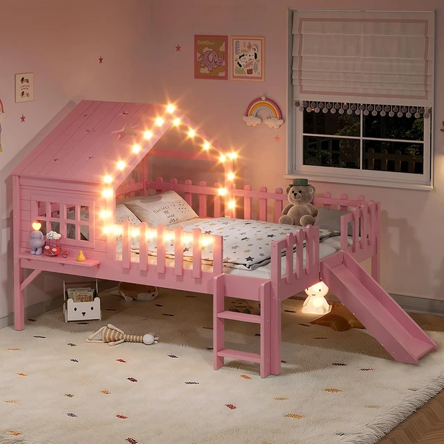 Alt view image 4 of 7 - Full Low House Loft Bed with Led Light and Slide, Pink