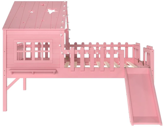 Alt view image 5 of 7 - Full Low House Loft Bed with Led Light and Slide, Pink