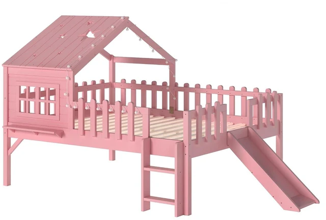Alt view image 6 of 7 - Full Low House Loft Bed with Led Light and Slide, Pink