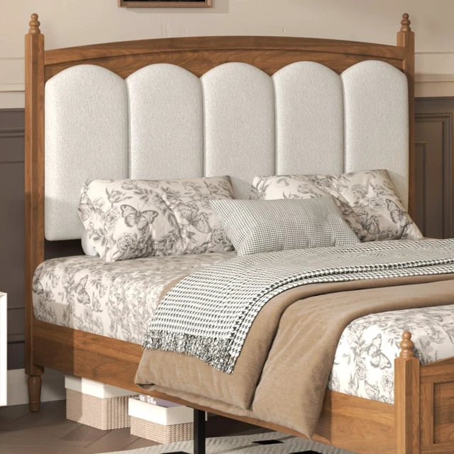 Alt view image 3 of 7 - Queen Size Solid Wood Bed Frame with Upholstered Headboard, Minimalist Platform Bed with Underbed Storage, Noise-Free Slat Support and No Box Spring Needed, Brown