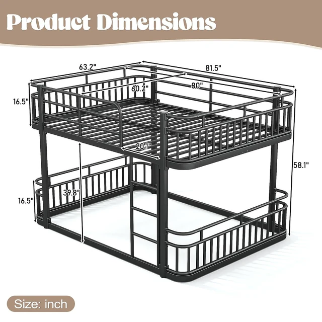 Alt view image 2 of 7 - Floor Queen Over Queen Bunk Bed with Anti-Slip Ladder, Black
