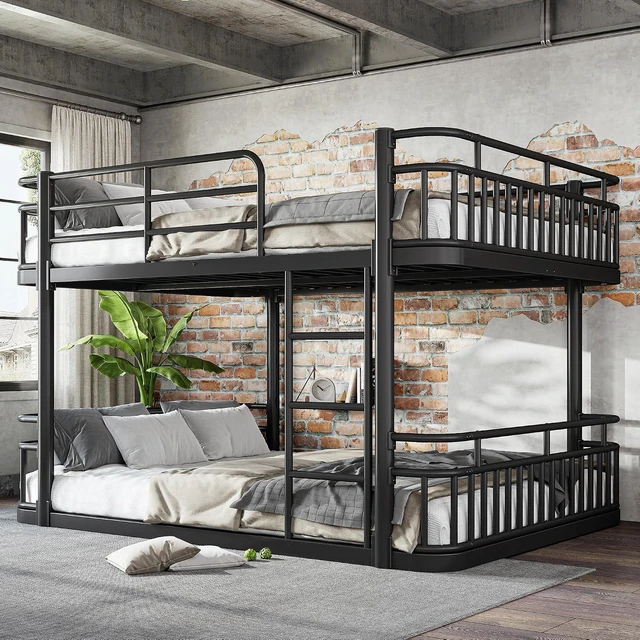 Alt view image 3 of 7 - Floor Queen Over Queen Bunk Bed with Anti-Slip Ladder, Black