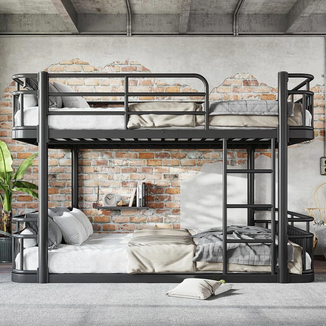 Alt view image 4 of 7 - Floor Queen Over Queen Bunk Bed with Anti-Slip Ladder, Black