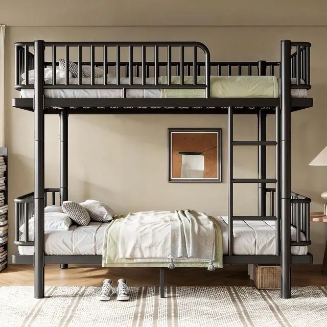 Main image of Twin Over Twin Bunk Bed with Round-Pipe Design, Black