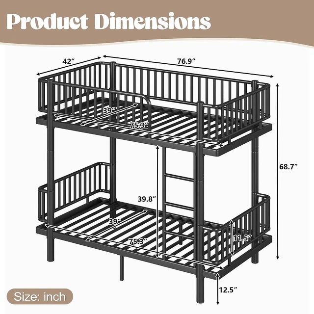Alt view image 2 of 7 - Twin Over Twin Bunk Bed with Round-Pipe Design, Black