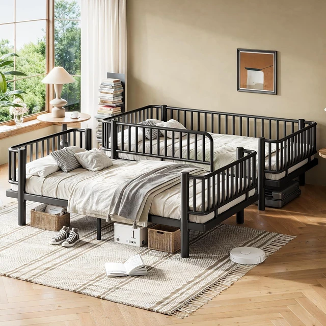 Alt view image 3 of 7 - Twin Over Twin Bunk Bed with Round-Pipe Design, Black