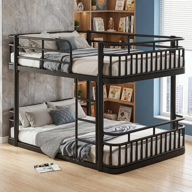 Main image of Full Over Full Low Metal Bunk Bed with Anti-Slip Ladder, Black