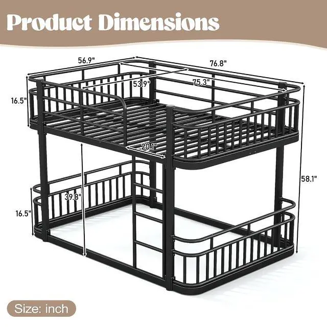 Alt view image 2 of 7 - Full Over Full Low Metal Bunk Bed with Anti-Slip Ladder, Black