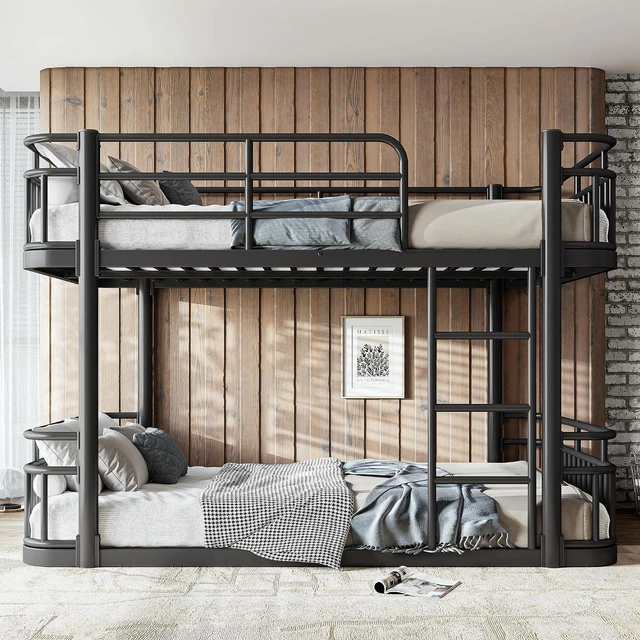 Alt view image 3 of 7 - Full Over Full Low Metal Bunk Bed with Anti-Slip Ladder, Black