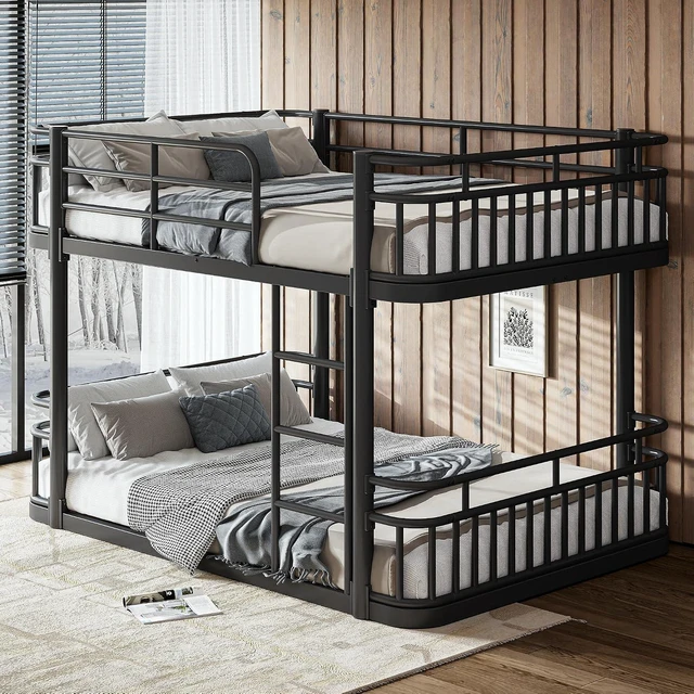 Alt view image 4 of 7 - Full Over Full Low Metal Bunk Bed with Anti-Slip Ladder, Black