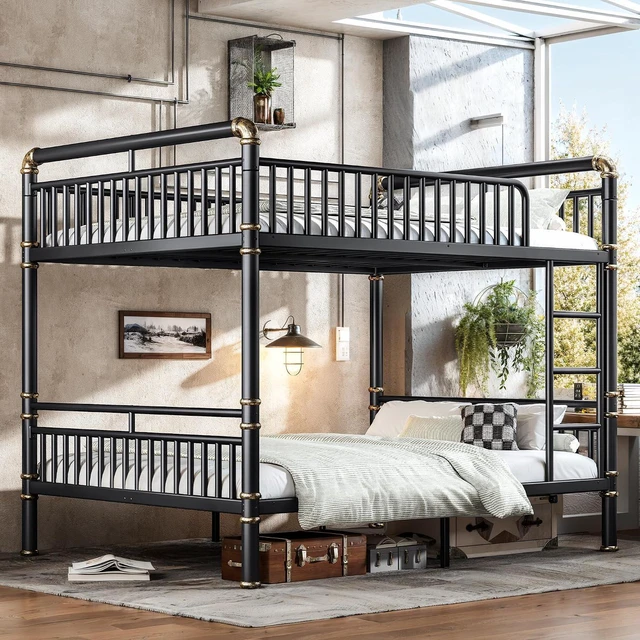 Alt view image 3 of 7 - Metal Queen Over Queen Bunk Bed with Upgraded Round-Pipe, Black