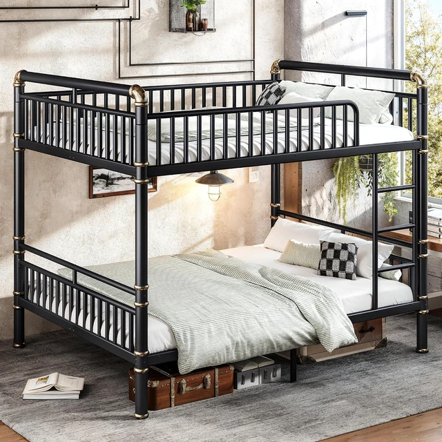 Alt view image 4 of 7 - Metal Queen Over Queen Bunk Bed with Upgraded Round-Pipe, Black