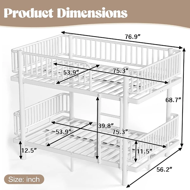 Alt view image 2 of 7 - Heavy Duty Metal Bunk Bed Full Over Full with Guardrails, Industrial Bunkbeds with Round-Pipe Design, Convertible Into 2 Individual Beds for Kids, Teens, Adults, Under-Bed Storage Space, Light White