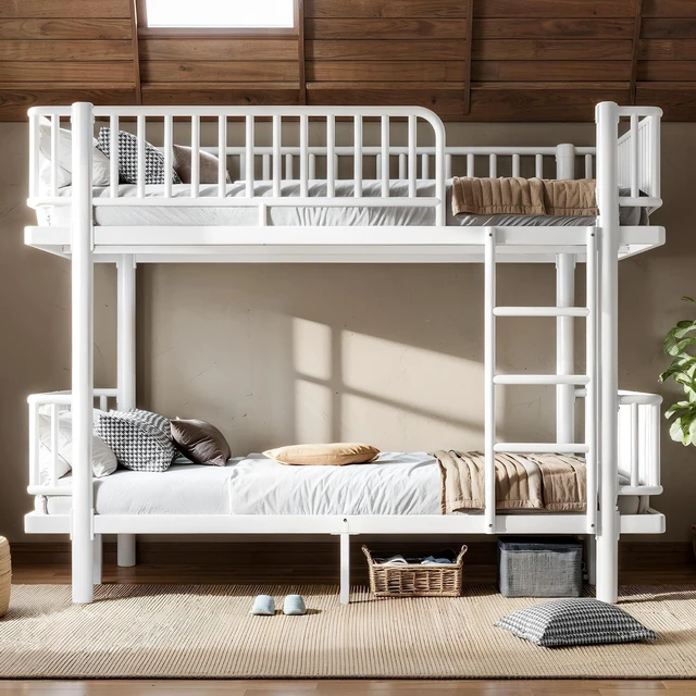 Main image of Heavy Duty Metal Bunk Bed Full Over Full with Guardrails, Industrial Bunkbeds with Round-Pipe Design, Convertible Into 2 Individual Beds for Kids, Teens, Adults, Under-Bed Storage Space, Light White