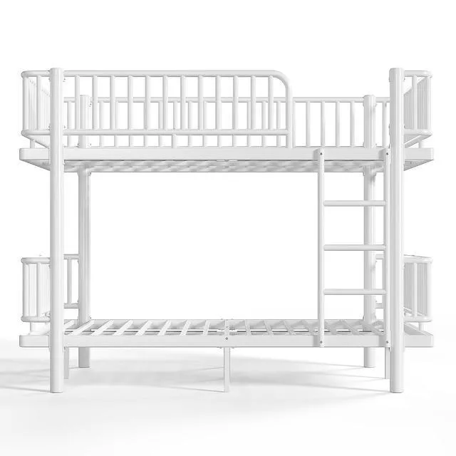Alt view image 5 of 7 - Heavy Duty Metal Bunk Bed Full Over Full with Guardrails, Industrial Bunkbeds with Round-Pipe Design, Convertible Into 2 Individual Beds for Kids, Teens, Adults, Under-Bed Storage Space, Light White
