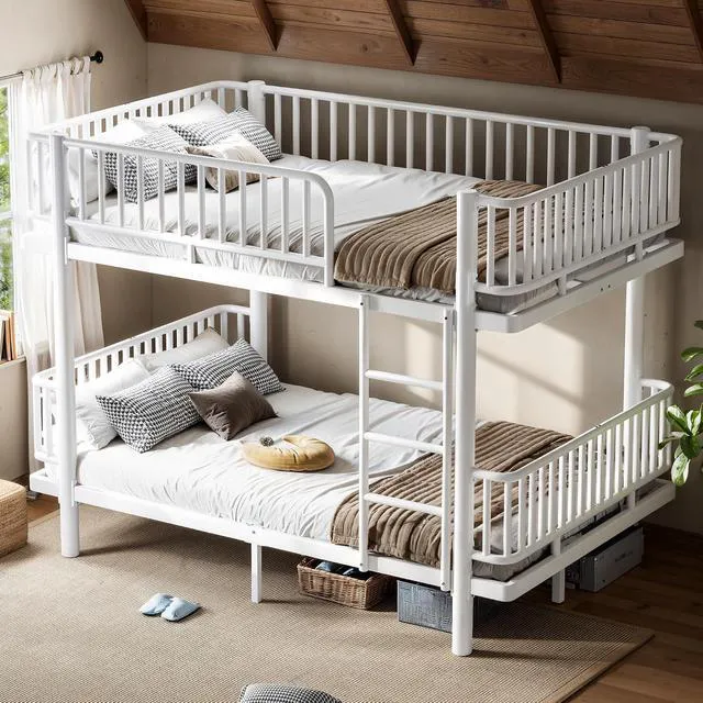 Alt view image 3 of 7 - Heavy Duty Metal Bunk Bed Full Over Full with Guardrails, Industrial Bunkbeds with Round-Pipe Design, Convertible Into 2 Individual Beds for Kids, Teens, Adults, Under-Bed Storage Space, Light White