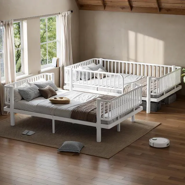 Alt view image 4 of 7 - Heavy Duty Metal Bunk Bed Full Over Full with Guardrails, Industrial Bunkbeds with Round-Pipe Design, Convertible Into 2 Individual Beds for Kids, Teens, Adults, Under-Bed Storage Space, Light White