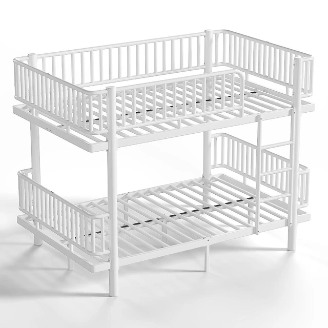 Alt view image 6 of 7 - Heavy Duty Metal Bunk Bed Full Over Full with Guardrails, Industrial Bunkbeds with Round-Pipe Design, Convertible Into 2 Individual Beds for Kids, Teens, Adults, Under-Bed Storage Space, Light White