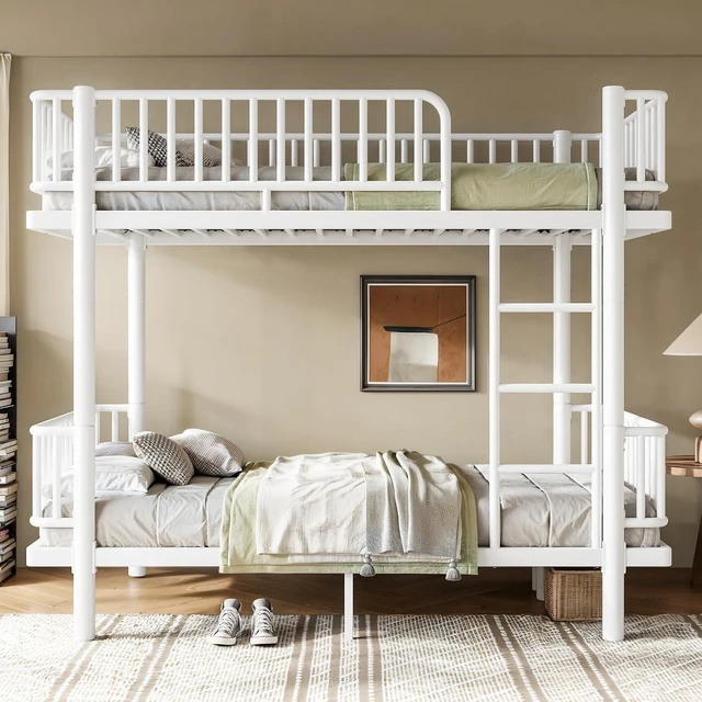 Main image of Twin Over Twin Bunk Bed with Round-Pipe Design, Light White