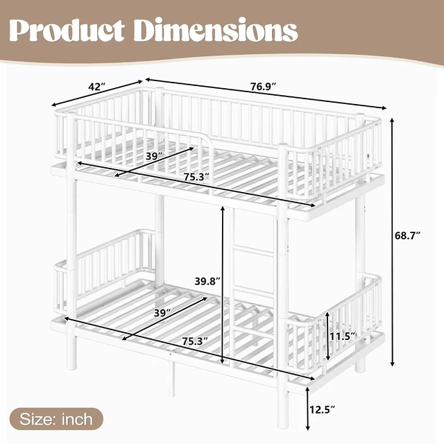 Alt view image 2 of 7 - Twin Over Twin Bunk Bed with Round-Pipe Design, Light White