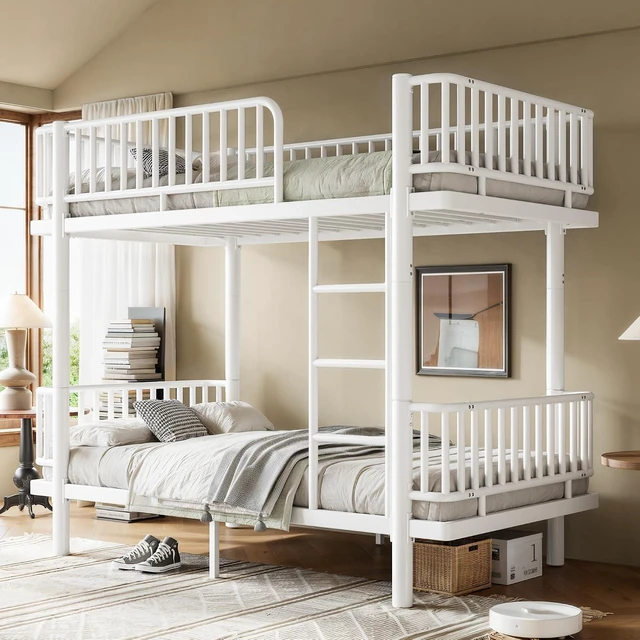 Alt view image 3 of 7 - Twin Over Twin Bunk Bed with Round-Pipe Design, Light White