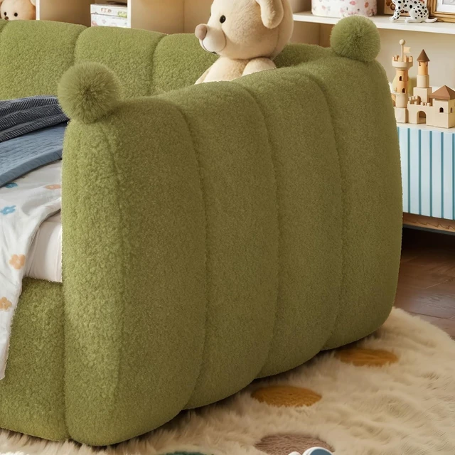 Alt view image 2 of 5 - Kids Upholstered Floor Bed with Padded Guardrails Montessori Floor Bed with Full Rails for Boys Girls, Twin Size, Antique Green