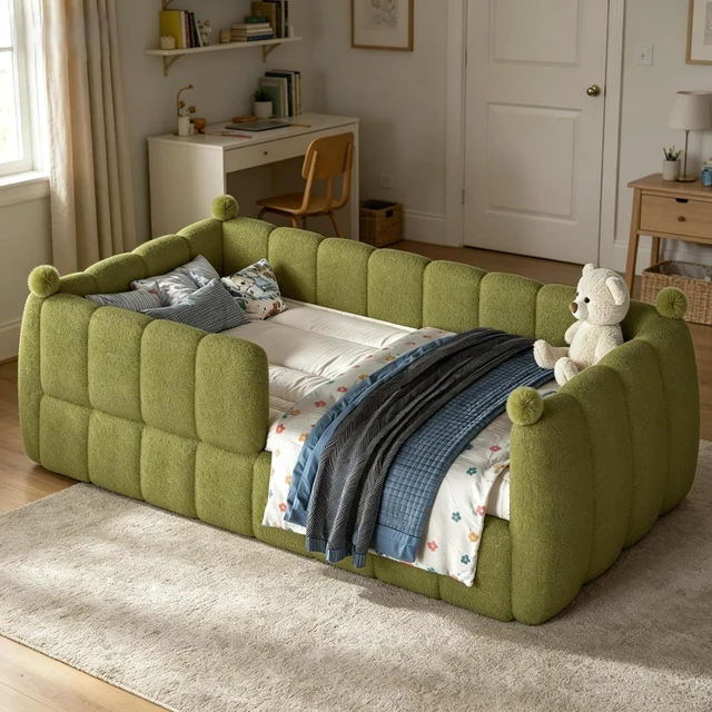 Main image of Kids Upholstered Floor Bed with Padded Guardrails Montessori Floor Bed with Full Rails for Boys Girls, Twin Size, Antique Green