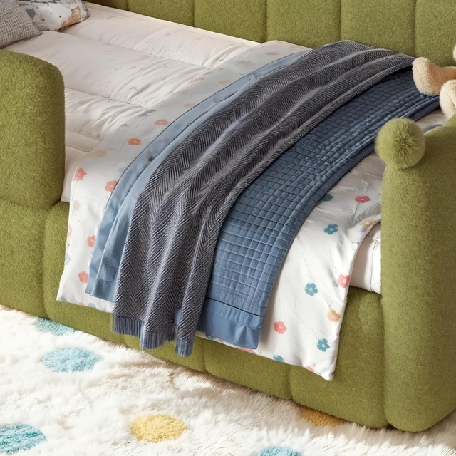 Alt view image 3 of 5 - Kids Upholstered Floor Bed with Padded Guardrails Montessori Floor Bed with Full Rails for Boys Girls, Twin Size, Antique Green