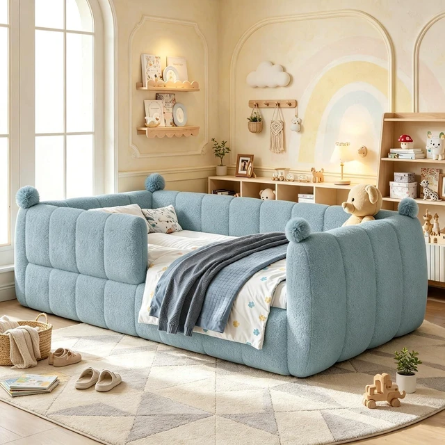Main image of Kids Upholstered Floor Bed with Padded Guardrails, Montessori Floor Bed with Full Rails for Boys Girls, Twin Size, Blue