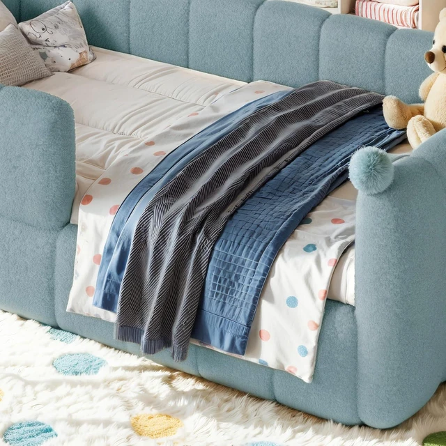 Alt view image 3 of 7 - Kids Upholstered Floor Bed with Padded Guardrails, Montessori Floor Bed with Full Rails for Boys Girls, Twin Size, Blue