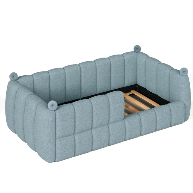 Alt view image 5 of 7 - Kids Upholstered Floor Bed with Padded Guardrails, Montessori Floor Bed with Full Rails for Boys Girls, Twin Size, Blue