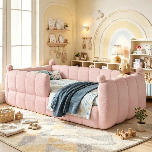 Main image of Upholstered Kids Bed with Padded Guardrails, Montessori Floor Bed with Full Rails for Boys Girls, Twin Size, Pink