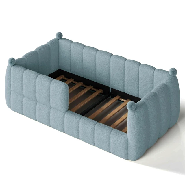 Alt view image 6 of 7 - Kids Upholstered Floor Bed with Padded Guardrails, Montessori Floor Bed with Full Rails for Boys Girls, Twin Size, Blue