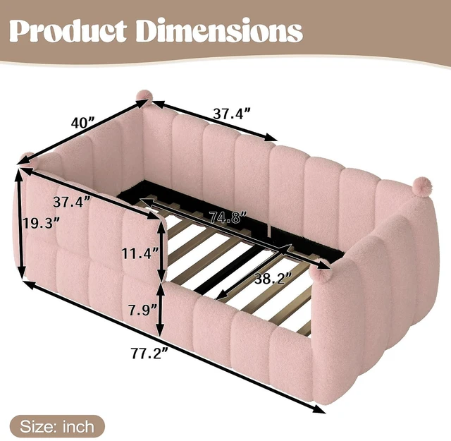Alt view image 2 of 7 - Upholstered Kids Bed with Padded Guardrails, Montessori Floor Bed with Full Rails for Boys Girls, Twin Size, Pink
