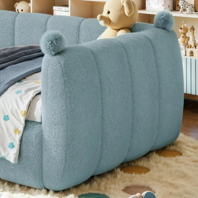 Alt view image 4 of 7 - Kids Upholstered Floor Bed with Padded Guardrails, Montessori Floor Bed with Full Rails for Boys Girls, Twin Size, Blue