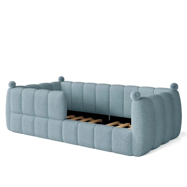 Alt view image 7 of 7 - Kids Upholstered Floor Bed with Padded Guardrails, Montessori Floor Bed with Full Rails for Boys Girls, Twin Size, Blue
