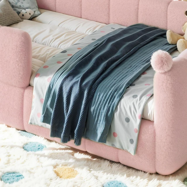 Alt view image 3 of 7 - Upholstered Kids Bed with Padded Guardrails, Montessori Floor Bed with Full Rails for Boys Girls, Twin Size, Pink