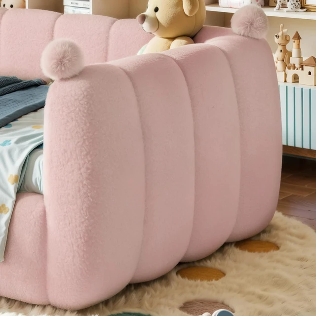 Alt view image 4 of 7 - Upholstered Kids Bed with Padded Guardrails, Montessori Floor Bed with Full Rails for Boys Girls, Twin Size, Pink