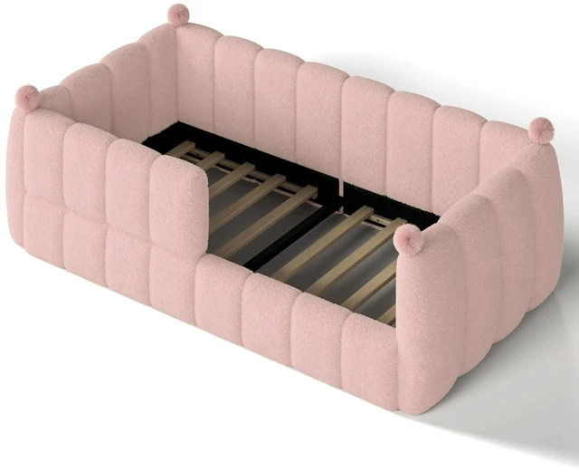 Alt view image 5 of 7 - Upholstered Kids Bed with Padded Guardrails, Montessori Floor Bed with Full Rails for Boys Girls, Twin Size, Pink