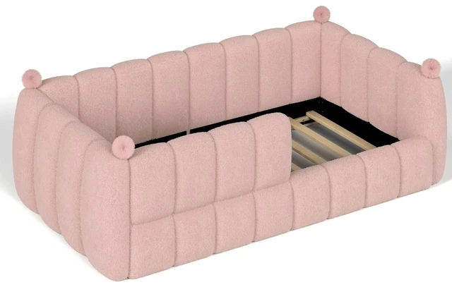 Alt view image 6 of 7 - Upholstered Kids Bed with Padded Guardrails, Montessori Floor Bed with Full Rails for Boys Girls, Twin Size, Pink