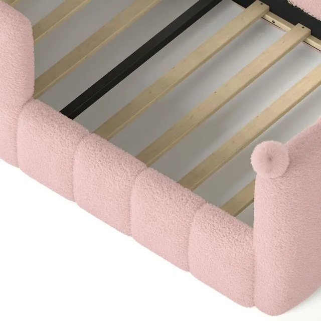 Alt view image 7 of 7 - Upholstered Kids Bed with Padded Guardrails, Montessori Floor Bed with Full Rails for Boys Girls, Twin Size, Pink