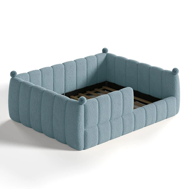 Alt view image 5 of 7 - Upholstered Kids Bed with Padded Guardrails, Montessori Floor Bed with Full Rails for Boys Girls, Queen Size, Blue
