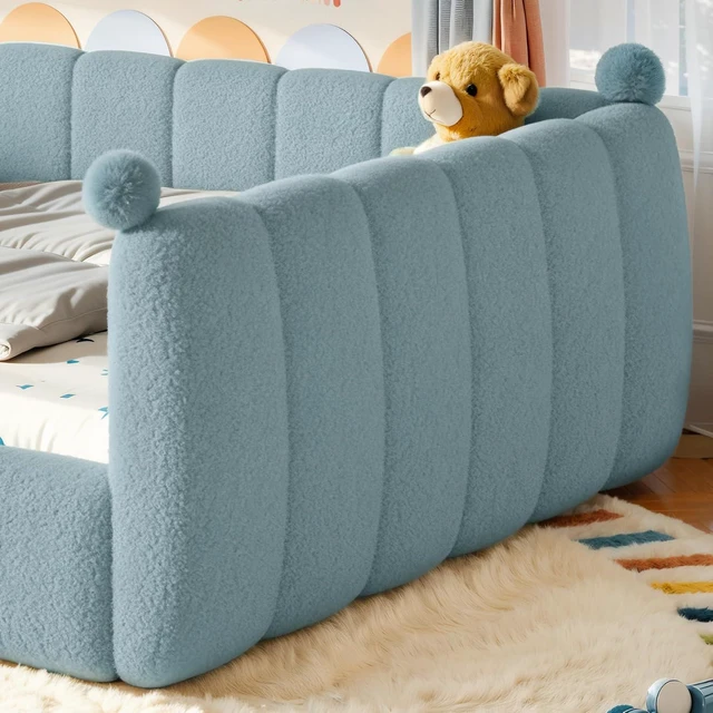 Alt view image 4 of 7 - Upholstered Kids Bed with Padded Guardrails, Montessori Floor Bed with Full Rails for Boys Girls, Queen Size, Blue