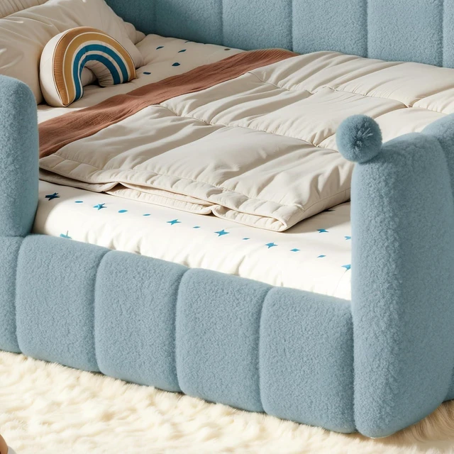 Alt view image 3 of 7 - Upholstered Kids Bed with Padded Guardrails, Montessori Floor Bed with Full Rails for Boys Girls, Queen Size, Blue