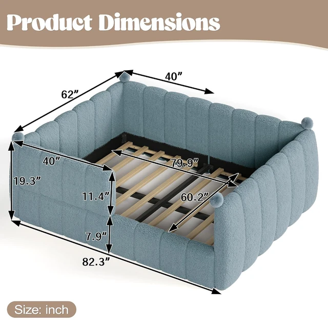 Alt view image 2 of 7 - Upholstered Kids Bed with Padded Guardrails, Montessori Floor Bed with Full Rails for Boys Girls, Queen Size, Blue