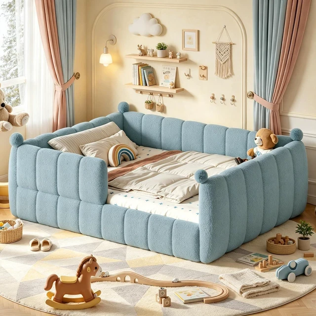 Main image of Upholstered Kids Bed with Padded Guardrails, Montessori Floor Bed with Full Rails for Boys Girls, Queen Size, Blue