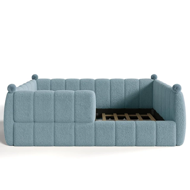 Alt view image 7 of 7 - Upholstered Kids Bed with Padded Guardrails, Montessori Floor Bed with Full Rails for Boys Girls, Queen Size, Blue